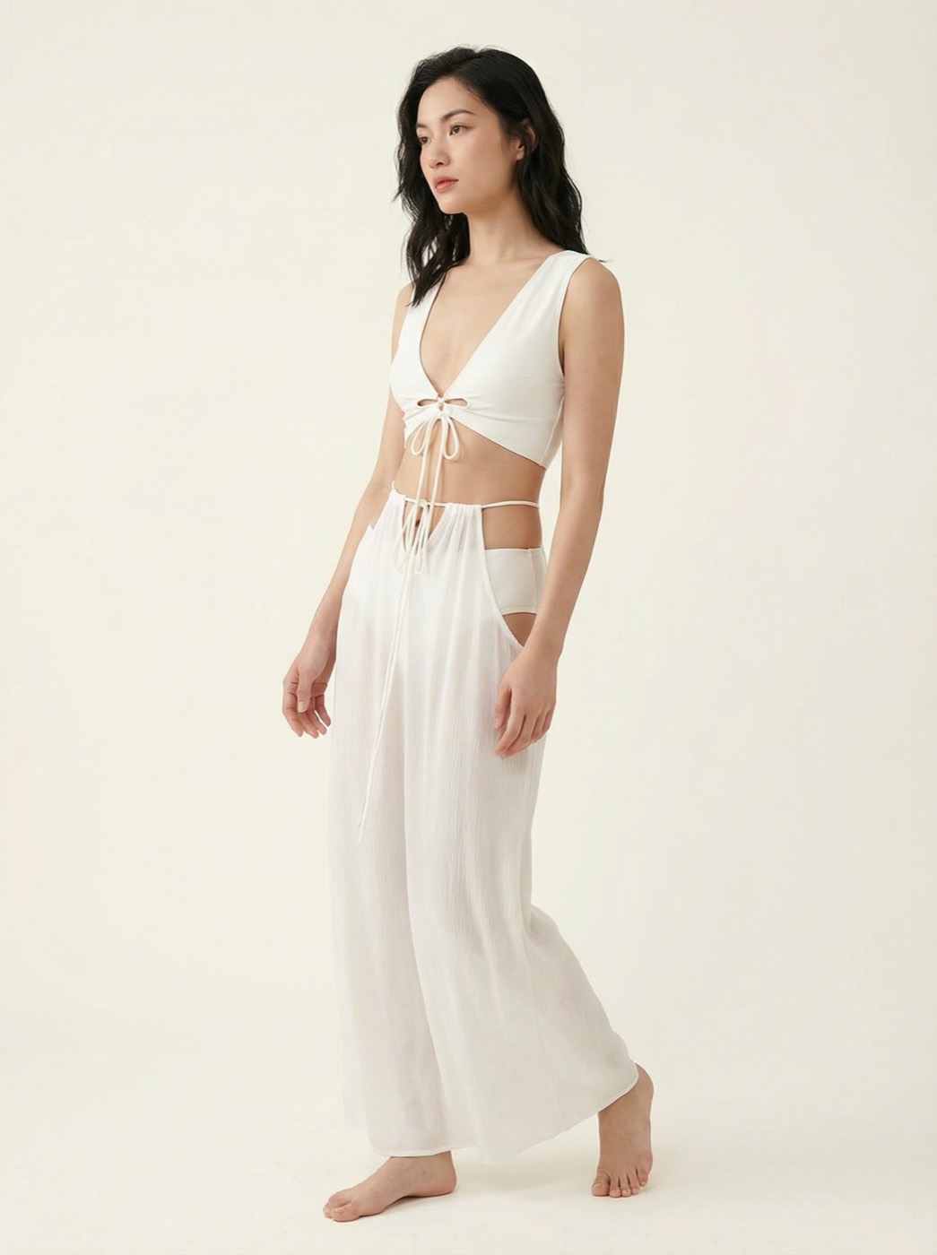 The Capri — White Crop Tie-Back Bikini Set - 02-model-angle